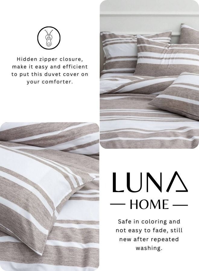 LUNA Home Single Size 4 Pieces set (1 Duvet cover - 160*210cm. 1 Fitted sheet - 100*200+30cm. 2 Pillow cases - 50*75cm.), Bedding set light Brown Stripe Design suitable for kids bedroom, use for single size bed - Image 5